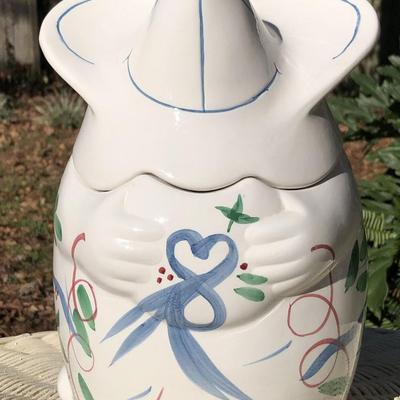 Mouse Cookie Jar Canister White Blue Bow Heart Ribbon Country 9 inches