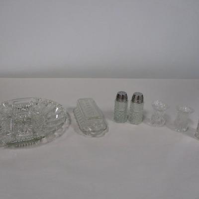 Diamond Cut Crystal Glass Deviled Egg & Veggie Tray Butter Dish S & P Shakers