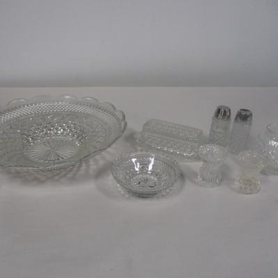 Diamond Cut Crystal Glass Butter Dish S & P Shakers Toothpick Holders