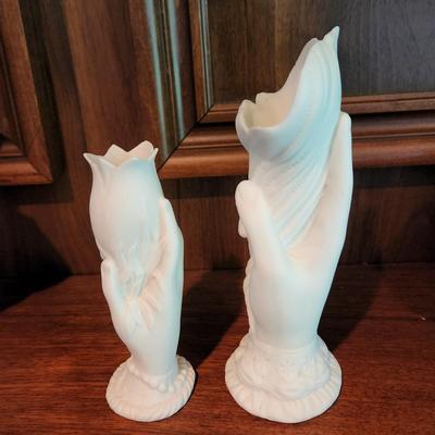 Two White Parian Hand Vases