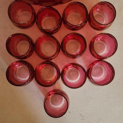 Cranberry to Clear Color Handblown Glass Punch bowl w 13 Glasses