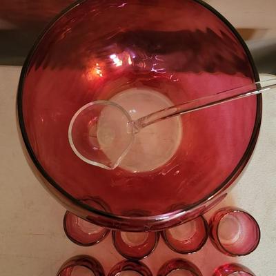 Cranberry to Clear Color Handblown Glass Punch bowl w 13 Glasses