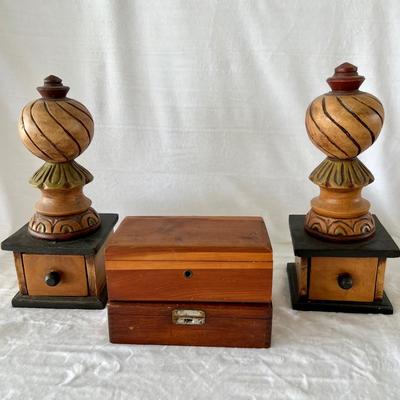 Wood Carved Bookends with Two Wood Boxes  (D-JM)