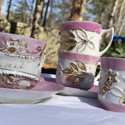 Antique Victorian Germany Pink Luster Cups and Saucers 4 Cups 2 Saucers