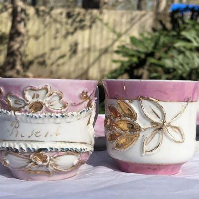 Antique Victorian Germany Pink Luster Cups and Saucers 4 Cups 2 Saucers