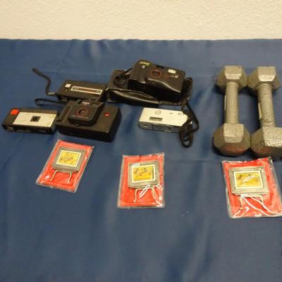 LOT 21 MISC ITEMS CAMERAS, DUMB BELLS AND DISNEY DECORATION
