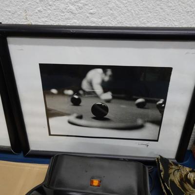 LOT 35. FRAMED PHOT0S, HOME DECOR AND FOREMAN GRILL