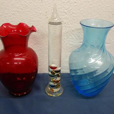 LOT 45. GLASS THERMOMETER AND TWO VASES