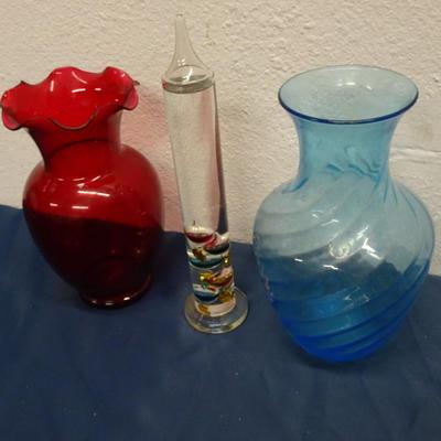 LOT 45. GLASS THERMOMETER AND TWO VASES