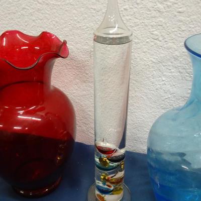 LOT 45. GLASS THERMOMETER AND TWO VASES