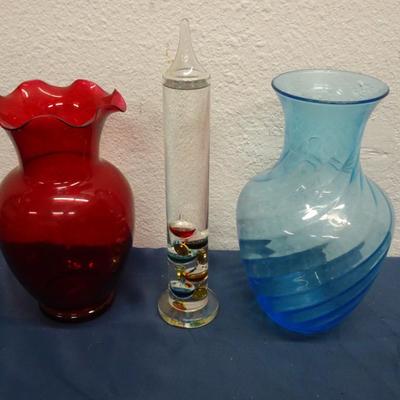 LOT 45. GLASS THERMOMETER AND TWO VASES