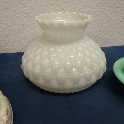 LOT 75. CLOCK AND MILK GLASS ITEMS