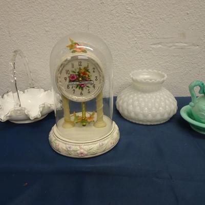 LOT 75. CLOCK AND MILK GLASS ITEMS