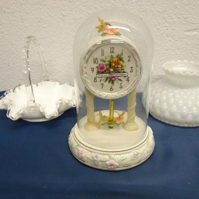 LOT 75. CLOCK AND MILK GLASS ITEMS
