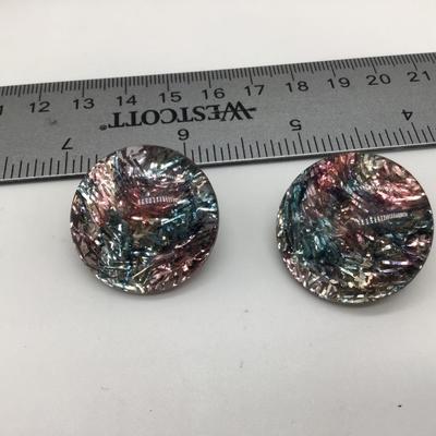 Vintage Lucite Acrylic Confetti Glitter Clip On Earrings Pink teal Silver