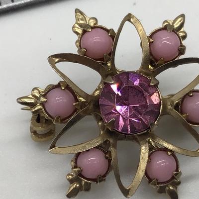 Vintage Pink Molded Art Glass And Crystal Rhinestone Petite