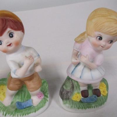 Vintage Porcelain Ceramic Statues Girl & Boy Fish Bisque