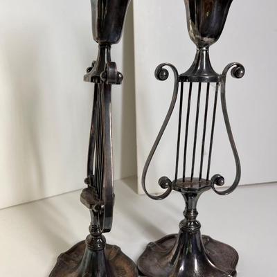 Pair Silver Plated Harp Candle Holders