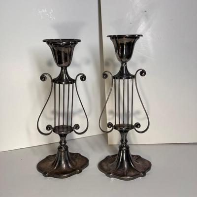 Pair Silver Plated Harp Candle Holders