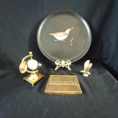 BRASS BOX MARKED COLORADO-SMALL BRASS EAGLE FIGURINE-TRAY AND WATCH ON STAND