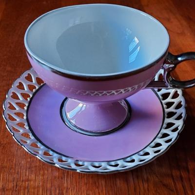 Iridescent Pink Pedestal Teacup and Saucer