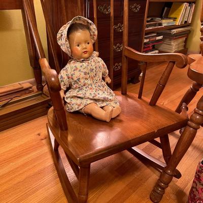 3B20-Single chair, childrenâ€™s rocker, knitting needles, doll, etc