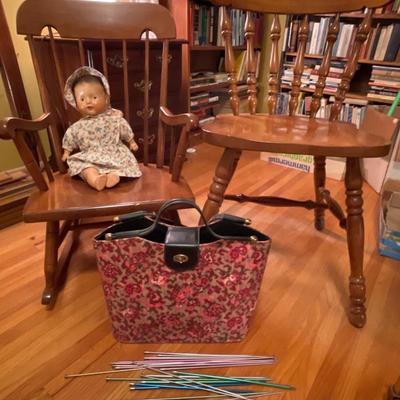 3B20-Single chair, childrenâ€™s rocker, knitting needles, doll, etc
