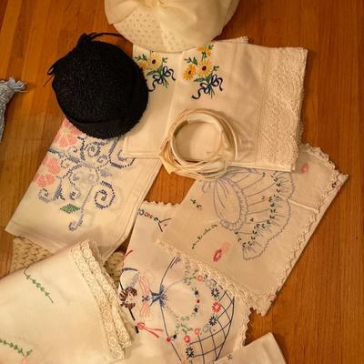 3B32-Misc Needlework Pieces and Vintage hats