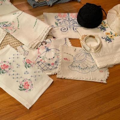 3B32-Misc Needlework Pieces and Vintage hats