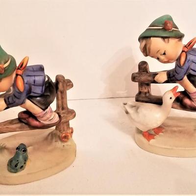 Lot #128  Lot of 2 vintage Hummel figurines  "Retreat to Safety", one with frog, one with goose