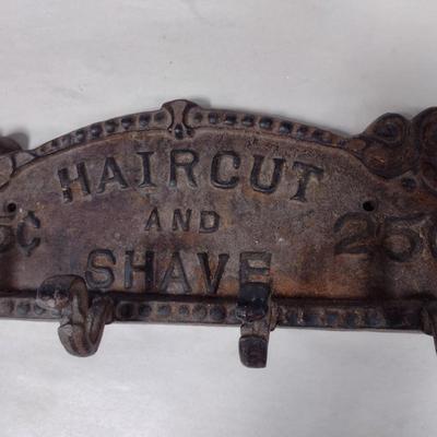 Vintage Cast Iron 'Hair Cut and Shave 25 Cents' Wall Plaque and Coat Hanger