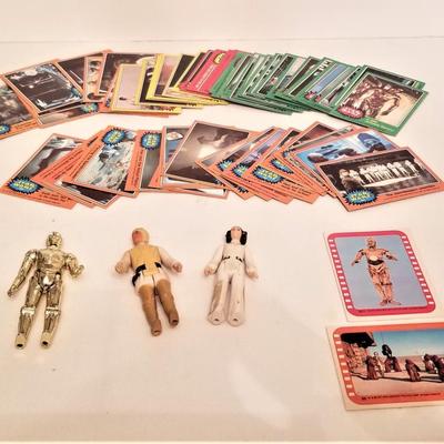 Lot #131  Lot of Star Wars Trading Cards - 1st Series, 1977 - 2 stickers, 3 action figures