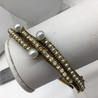 Vintage Antique Gold Faux Diamond Pearl Bracelet