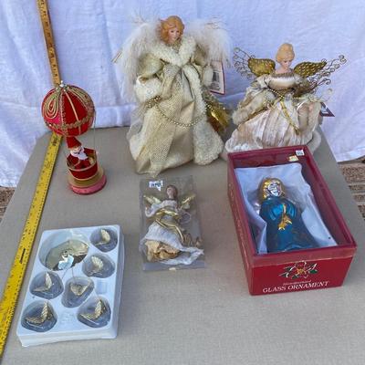 Assortment of angels and a Santa windup music box