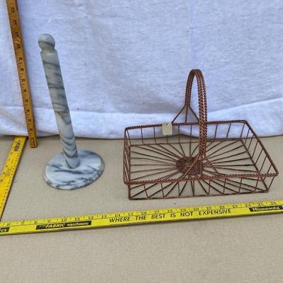 Marble paper towel holder and copper wire basket