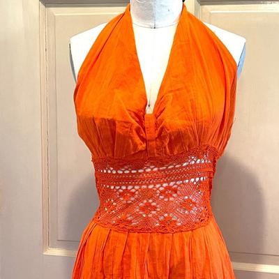 LOT 202  VINTAGE BRIGHT ORANGE COTTON HALTER DRESS HOT SUMMER NIGHTS