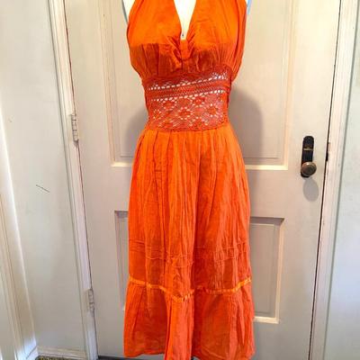 LOT 202  VINTAGE BRIGHT ORANGE COTTON HALTER DRESS HOT SUMMER NIGHTS