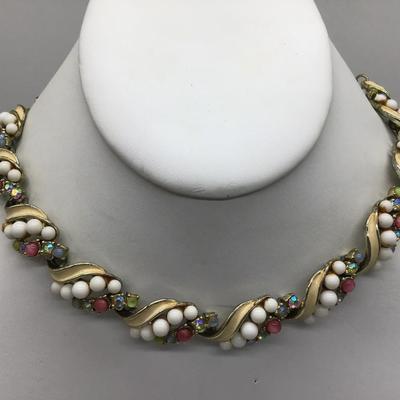 Vintage Art Co White Glass and Rhinestone Costume Necklace
