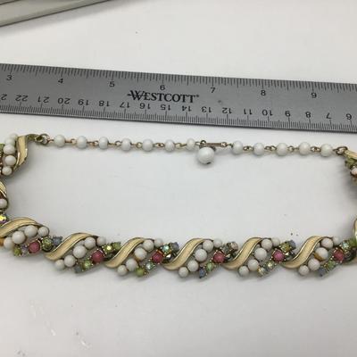 Vintage Art Co White Glass and Rhinestone Costume Necklace
