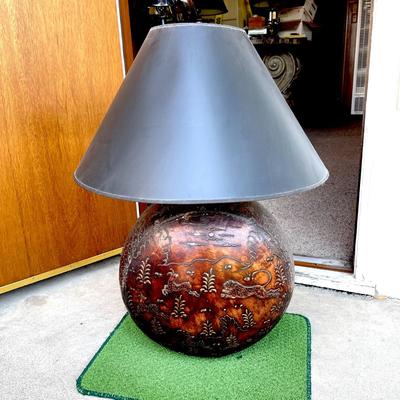 LOT 229  OVERSIZE EMBOSSED METAL TABLE LAMP BLACK SHADE