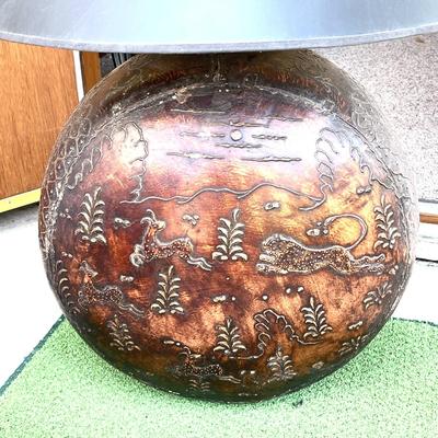 LOT 229  OVERSIZE EMBOSSED METAL TABLE LAMP BLACK SHADE