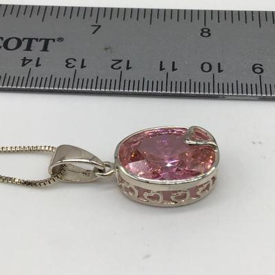 Pink Large  Type. Silver 925 Setting Pendant and Silver Tone Chain