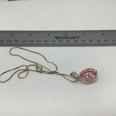 Pink Large  Type. Silver 925 Setting Pendant and Silver Tone Chain