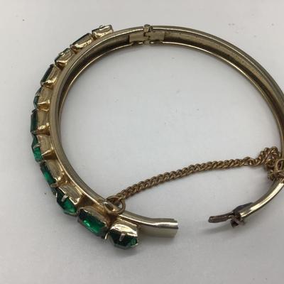 VintageGreen  Crystal Rhinestone Hinged Bangle Bracelet- Silver Tone w/Safety Chain