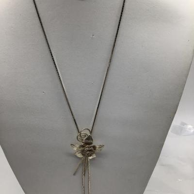 Vintage Silver Tone Lariat Necklace with Mesh Rose Flower Slider on Thin...
