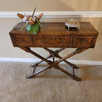 Vintage American of Martinsville Burl Wood X Frame Console Table 36