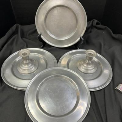 8 Pewter Chargers and 2 Candle Holders