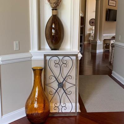 LOT 5G: Oversized Brown & Orange Glass Vases & Wall Decor