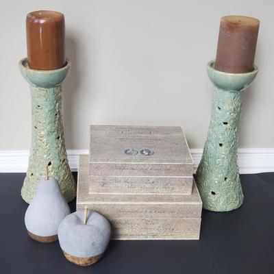 LOT 6G: Home Decor: Pillar Candle Holder w/Candles, Stone Apple & Pear & Rustic Boxes
