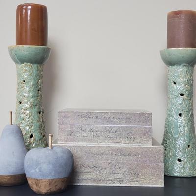LOT 6G: Home Decor: Pillar Candle Holder w/Candles, Stone Apple & Pear & Rustic Boxes